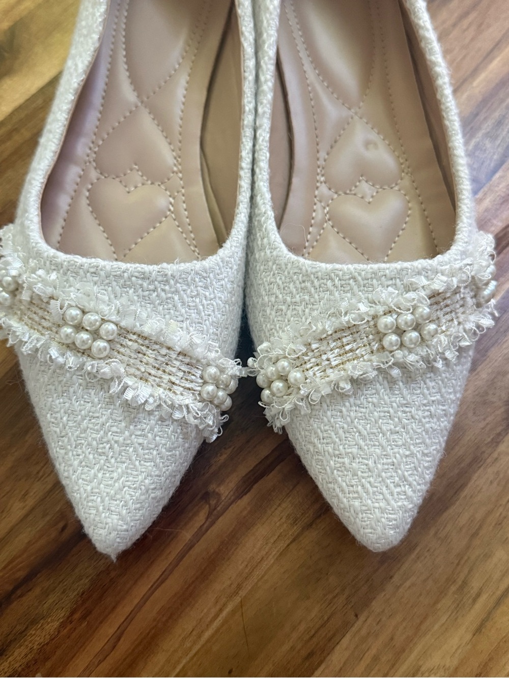 Pearl-Trim Tweed Pointed Flats - Cream